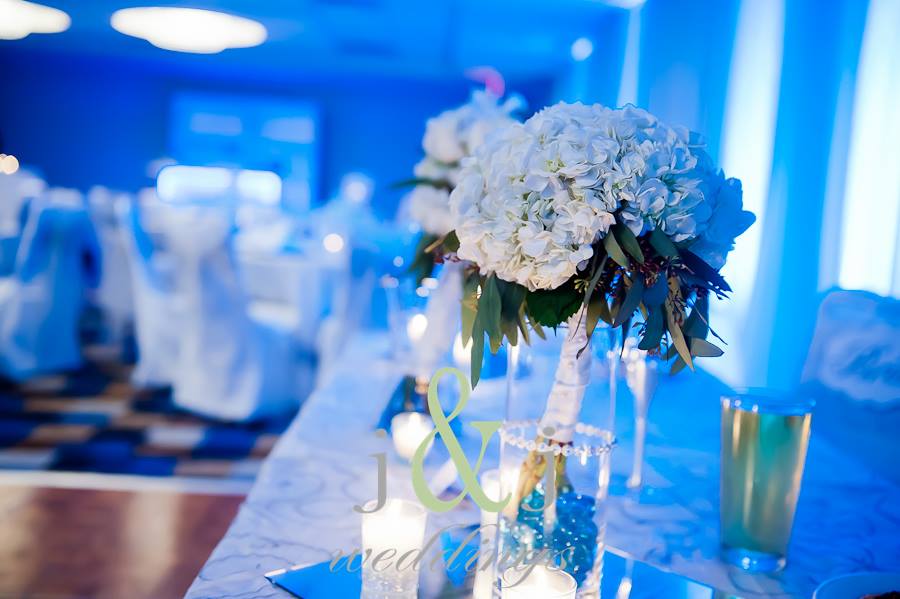 Blue Wedding Uplighting and Flowers